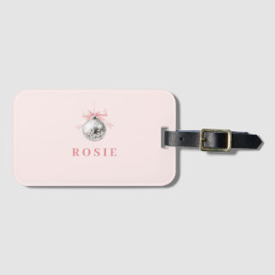 Personalised Coquette Disco Ball Pink Ribbon Luggage Tag