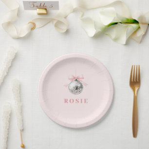 Personalised Coquette Disco Ball Pink Ribbon Paper Plate
