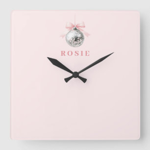 Personalised Coquette Disco Ball Pink Ribbon Square Wall Clock