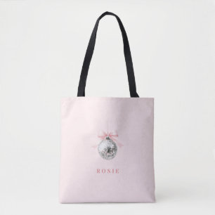Personalised Coquette Disco Ball Pink Ribbon Tote Bag