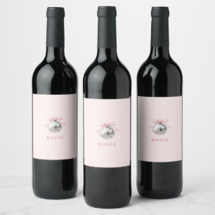 Personalised Coquette Disco Ball Pink Ribbon Wine Label