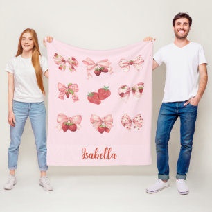 Personalised Coquette Strawberry & Bow  Fleece Bla Blanket