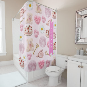 Personalised Coquette Teddy Bear Pink Aesthetic Shower Curtain