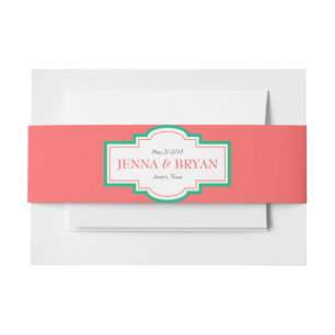 Personalised Coral and Green Wedding Invitation Belly Band