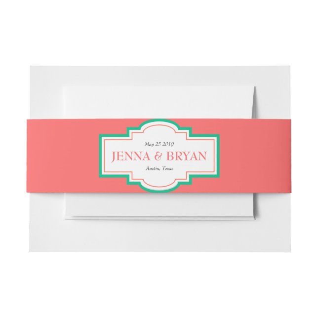 Personalised Coral and Green Wedding Invitation Belly Band (Front Example)