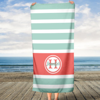 Personalised Coral Monogram Mint Stripes Beach Towel