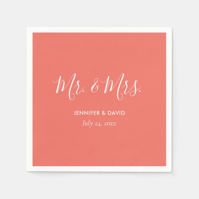 Personalised Coral Mr. and Mrs. Wedding Napkins (Front)