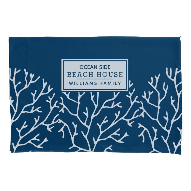 Personalised Coral Pattern - Beach House - Blue Pillowcase (Front)
