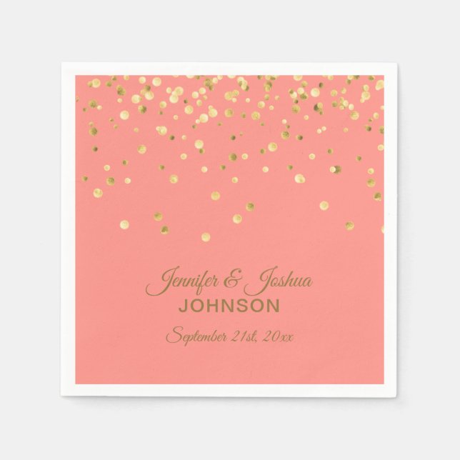 Personalised CORAL Peach Gold Confetti Wedding Napkin (Front)
