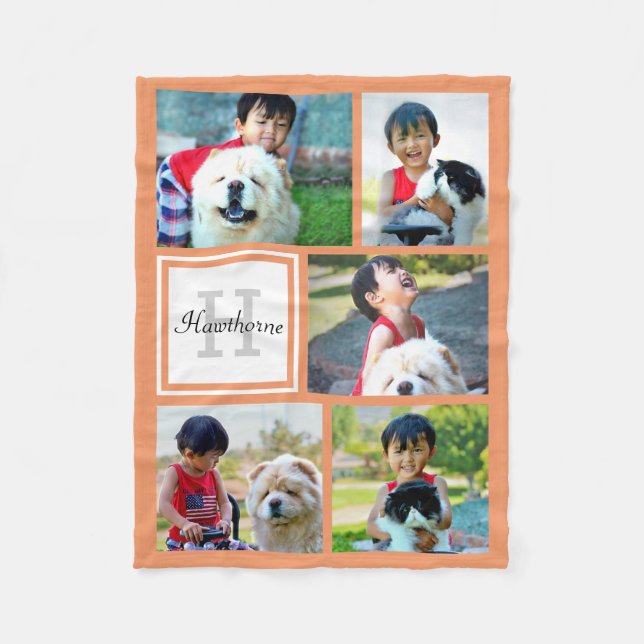 Personalised Coral Photo Collage Monogrammed Gift Fleece Blanket (Front)