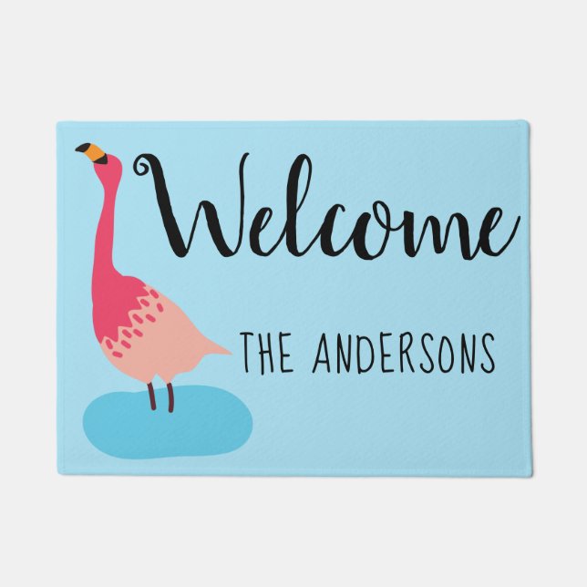 Personalised Coral Pink Flamingo Welcome Mat (Front)