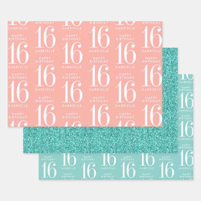 Personalised Coral Pink Turquoise Glitter Sweet 16 Wrapping Paper Sheet (Set)
