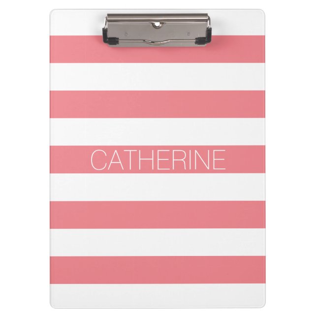Personalised coral pink & white bold stripe modern clipboard (Front)