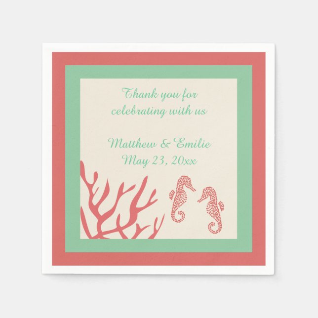 Personalised Coral Seahorse Wedding Napkins (Front)