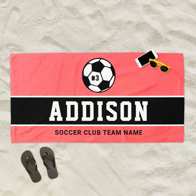 Personalised Coral Soccer Player Name Beach Towel (Creator Uploaded)