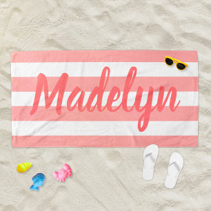 Personalised Coral Striped Script Name Beach Towel