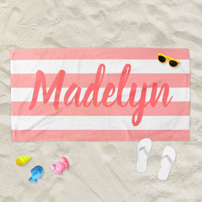 Personalised Coral Striped Script Name Beach Towel (Creator Uploaded)
