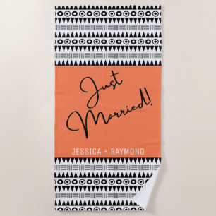 Personalised Coral Tribal Pattern Just Married Beach Towel