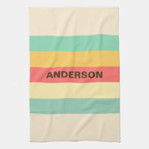 Personalised Coral Turquoise Yellow Beige Stripes Tea Towel
