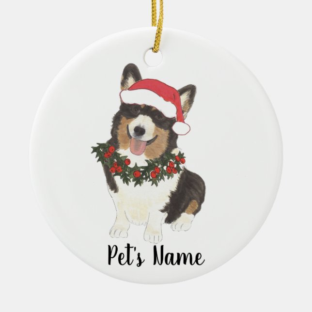 Personalised Corgi (Black Headed Tricolor) Ceramic Tree Decoration (Front)