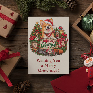 Personalised Corgi Christmas Card, Gardening Lover Holiday Card