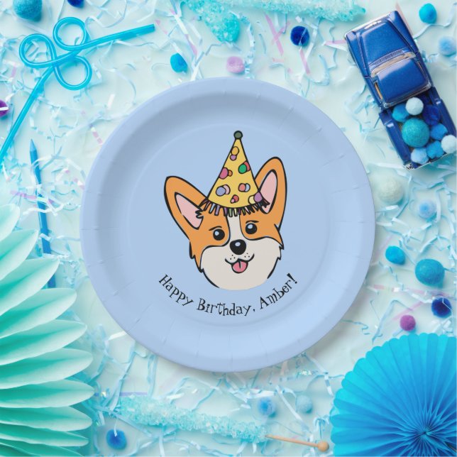 Personalised Corgi Theme Boy's Birthday Paper Plate (Party)