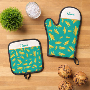 Personalised Corn On The Cob Pattern Apron Oven Mitt & Pot Holder Set
