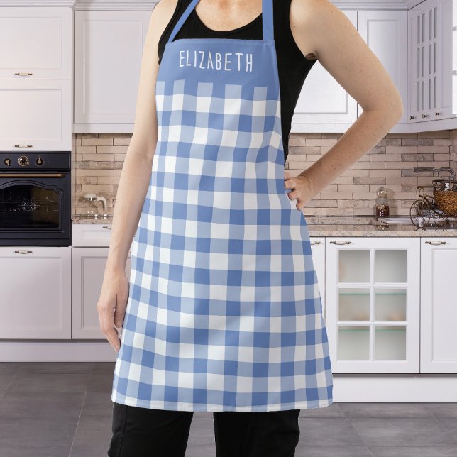Personalised Cornflower Blue Gingham Check Pattern Apron (Creator Uploaded)