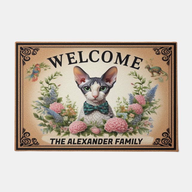 Personalised Cornish Rex Cat, Floral Chic Welcome Doormat (Front)