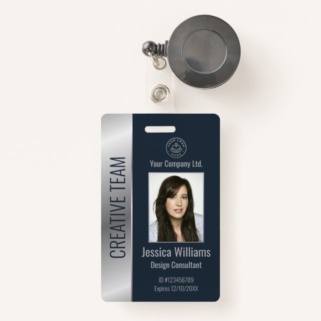 Personalised Corporate Employee Blue Silver ID ID Badge (Front with Retractable)
