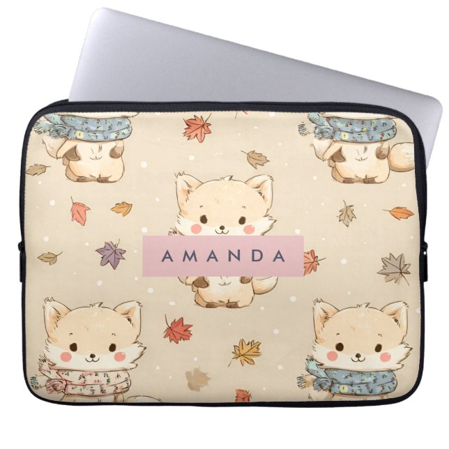 Personalised Cosy Autumn Fox with Scarf Pattern Laptop Sleeve (Front)