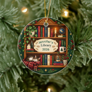 Personalised Cosy Bookshelf Library Christmas Ceramic Tree Decoration