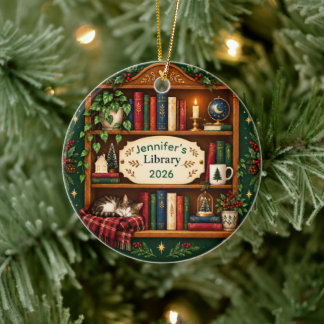 Personalised Cosy Bookshelf Library Christmas Ceramic Tree Decoration