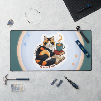 Personalised Cosy Calico Cat Large Teal Desk Mat