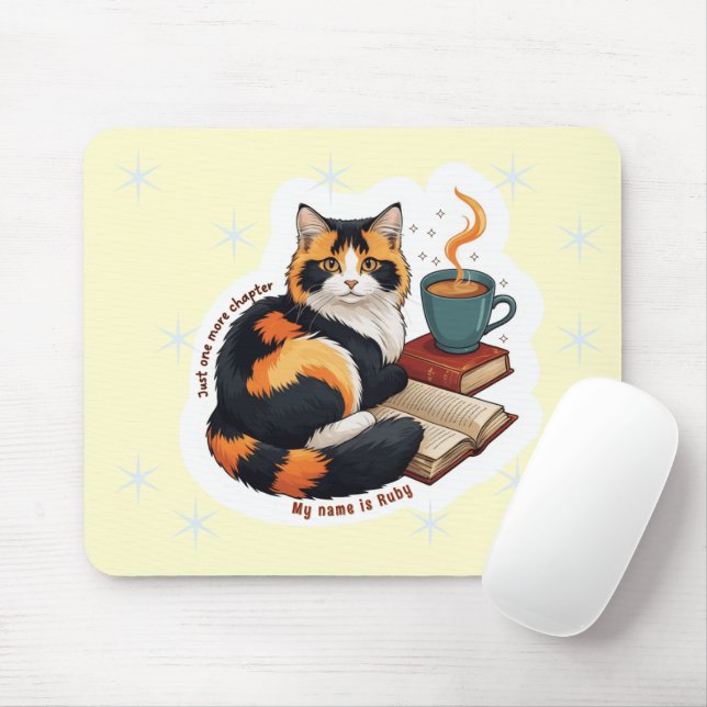 Personalised Cosy Calico Cat Reading Mousepad (With Mouse)