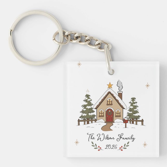 Personalised Cosy Christmas Cottage  Key Ring (Front)