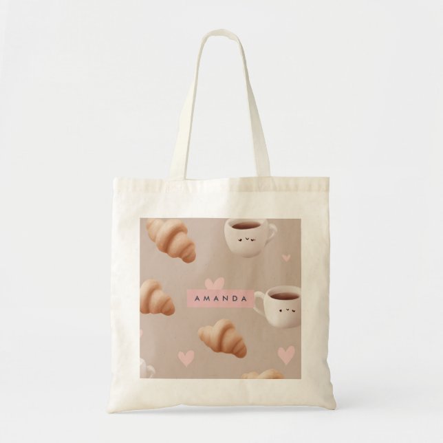 Personalised Cosy Croissant and Coffee Pattern Tote Bag (Front)
