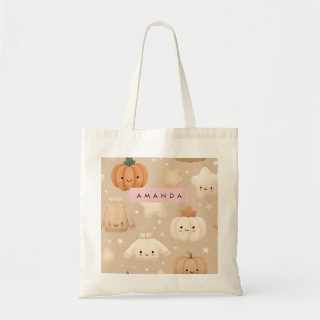 Personalised Cosy Fall  Autumn Neutral Pumpkin  Tote Bag (Front)