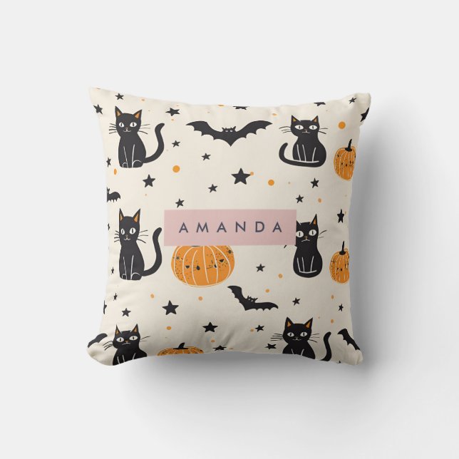 Personalised Cosy Fall Halloween Black Cat Pumpkin Cushion (Front)