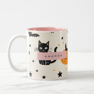 Personalised Cosy Fall Halloween Black Cat Pumpkin Two-Tone Coffee Mug