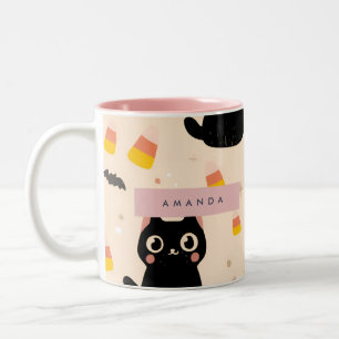 Personalised Cosy Fall Halloween Cute Black Cat Two-Tone Coffee Mug
