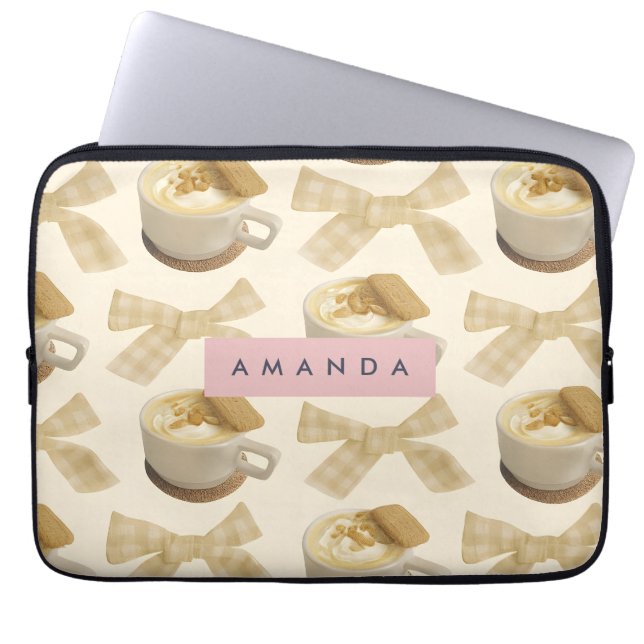 Personalised Cosy Latte & Gingham Bow Pattern Laptop Sleeve (Front)