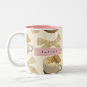 Personalised Cosy Latte & Gingham Bow Pattern Two-Tone Coffee Mug