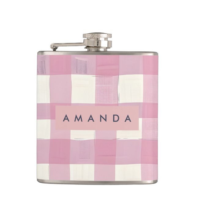 Personalised Cosy Pink Chequered Design Hip Flask (Front)