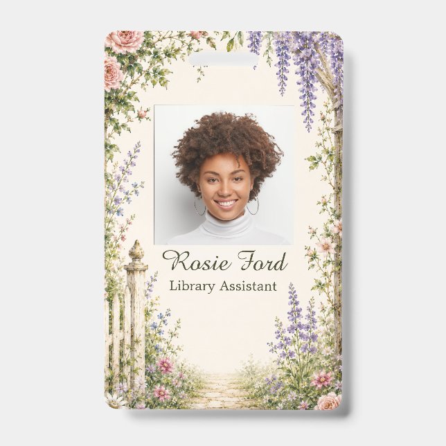 Personalised Cottage Garden Librarian ID Badge (Front)