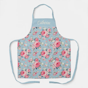 Personalised Cottage Pink Roses on Blue Background Apron