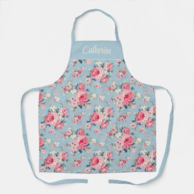 Personalised Cottage Pink Roses on Blue Background Apron (Front)