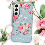 Personalised Cottage Pink Roses on Blue Background Samsung Galaxy Case<br><div class="desc">Elegant and romantic seamless floral pattern featuring cottage style pastel pink roses with white and pink wildflowers on light sky blue background. Includes optional solid element and editable text field.</div>
