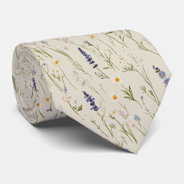 Personalised Cottage Wildflower Meadow Wedding Tie (Rolled)