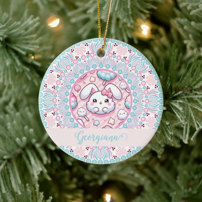 Personalised Cotton Candy Kawaii Bunny Dot Mandala Ceramic Tree Decoration (Tree)